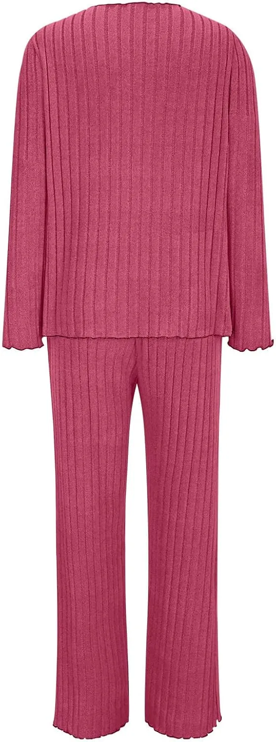 Oplxuo Pajama Sets for Women Cute Bow V-Neck Long Sleeve Ribbed Knit Sleepwear Matching Long Pants Comfy Lounge Pjs Outfits