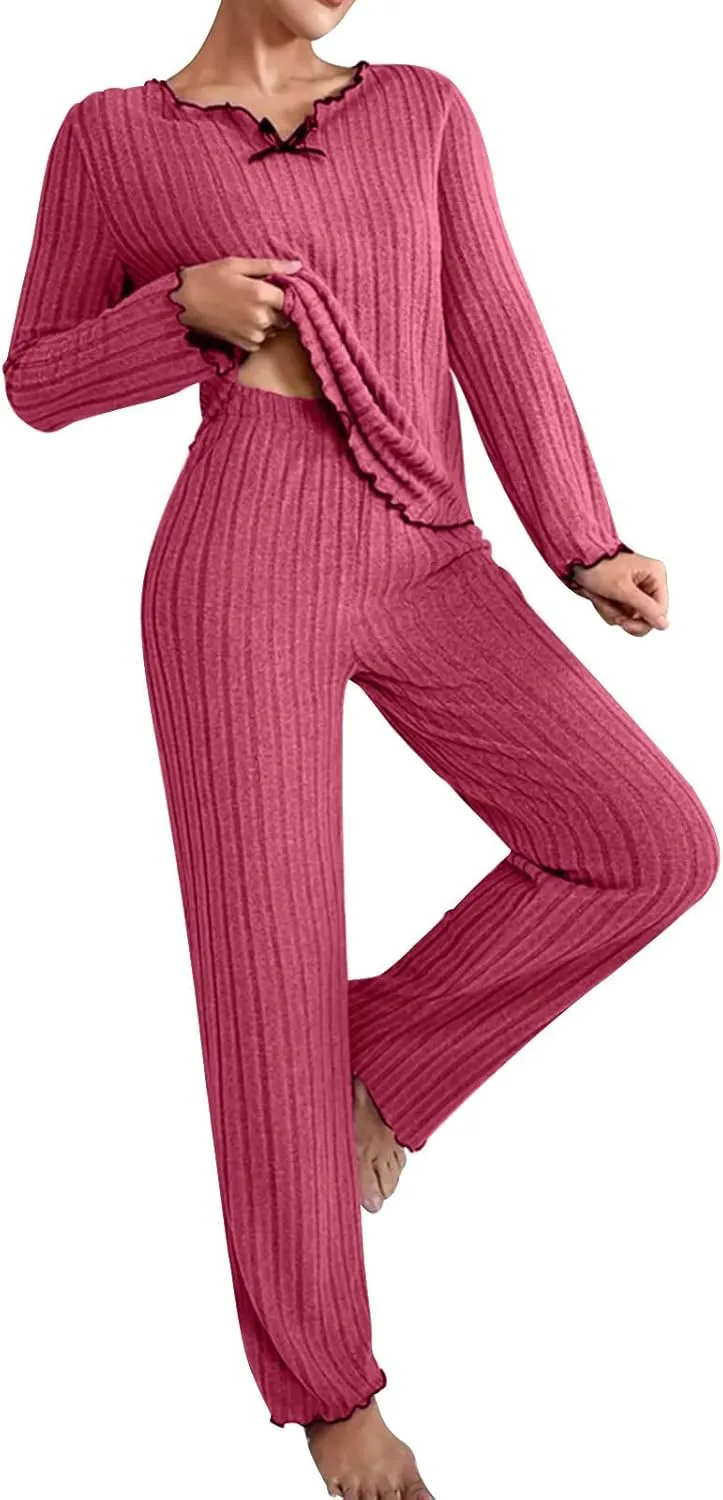 Oplxuo Pajama Sets for Women Cute Bow V-Neck Long Sleeve Ribbed Knit Sleepwear Matching Long Pants Comfy Lounge Pjs Outfits