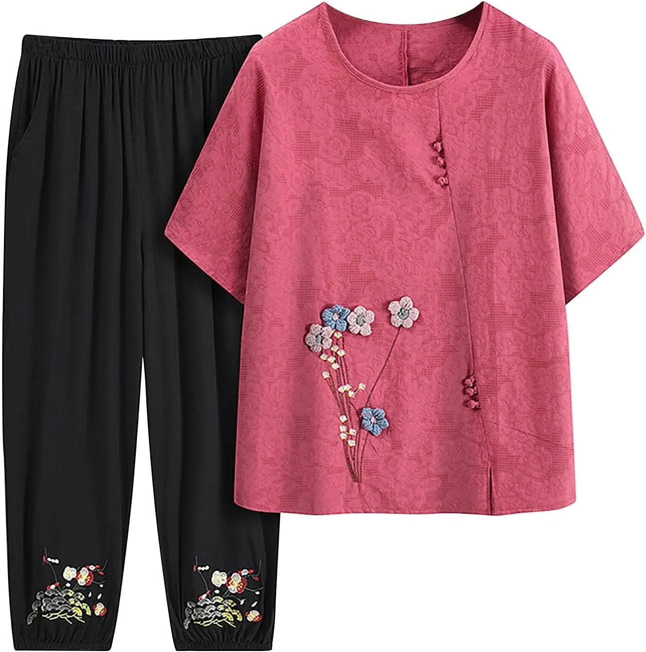 Oplxuo Women 2 Piece Outfits Plus Size Cotton Half Sleeve Embroidered Top Capri Pants Lounge Matching Set Tracksuit