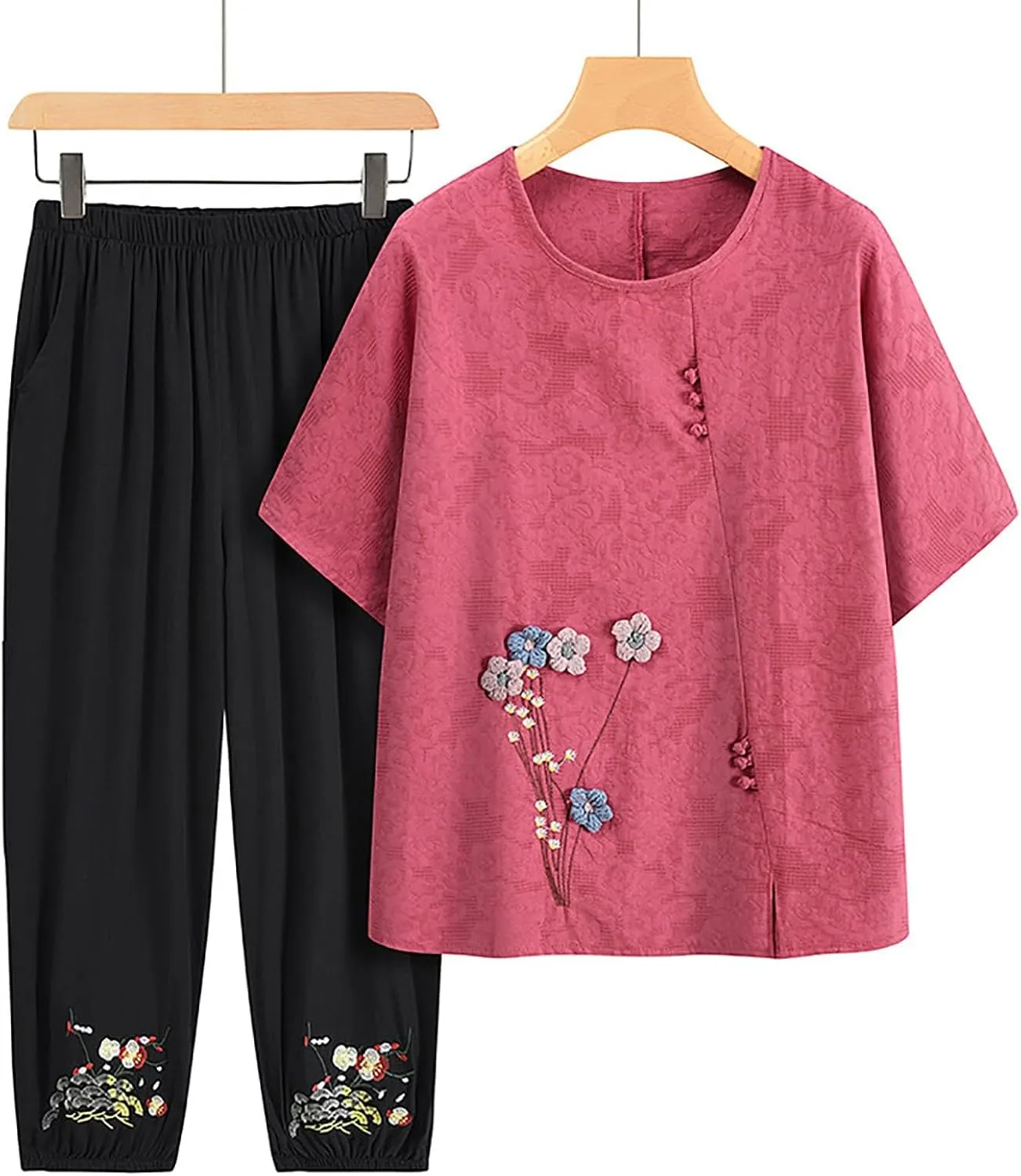 Oplxuo Women 2 Piece Outfits Plus Size Cotton Half Sleeve Embroidered Top Capri Pants Lounge Matching Set Tracksuit