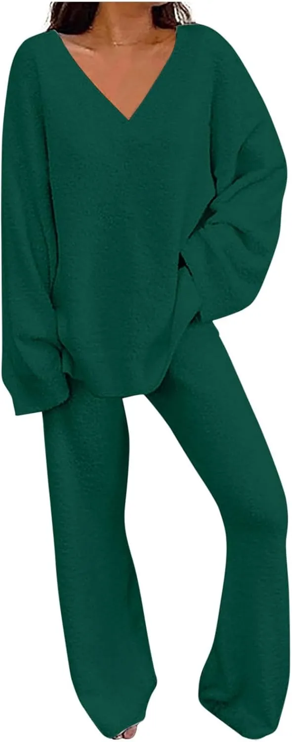 Outfits for Women 2 Piece Sets Lounge Sets Long Pants and V Neck Loose Pullover Soft Matching Loungewear Tracksuits