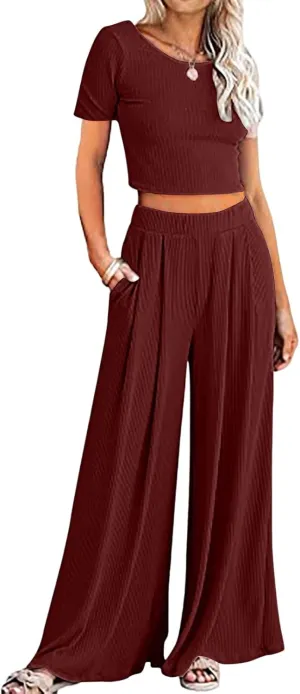 Outfits for Women 2 Piece Sets Short Sleeve Tops Fold-Over Flare Pants Casual Outfits Matching Set Loungewear Sets