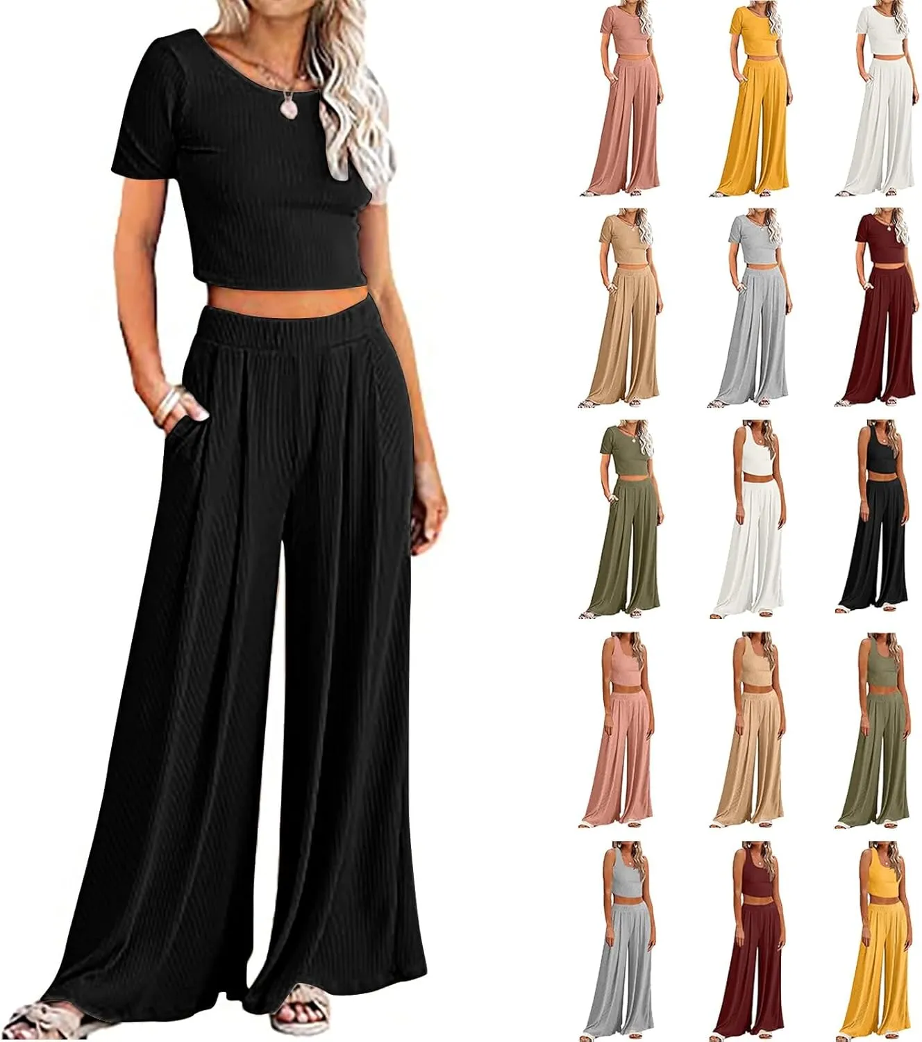 Outfits for Women 2 Piece Sets Short Sleeve Tops Fold-Over Flare Pants Casual Outfits Matching Set Loungewear Sets