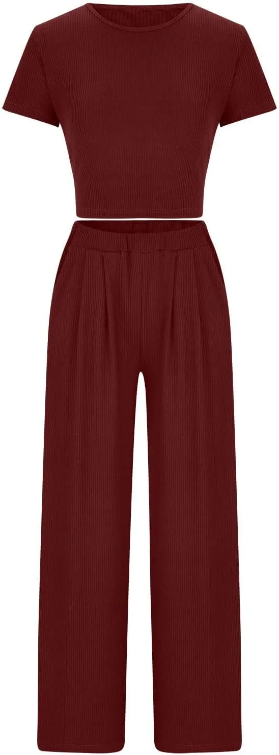 Outfits for Women 2 Piece Sets Short Sleeve Tops Fold-Over Flare Pants Casual Outfits Matching Set Loungewear Sets