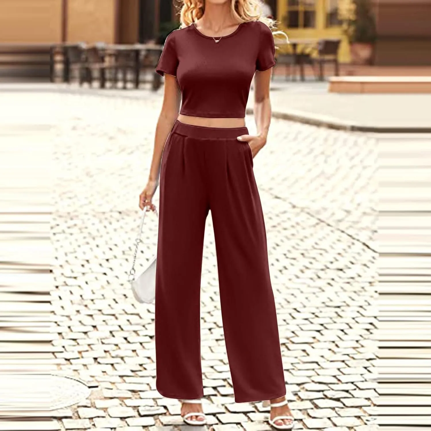 Outfits for Women 2 Piece Sets Short Sleeve Tops Fold-Over Flare Pants Casual Outfits Matching Set Loungewear Sets