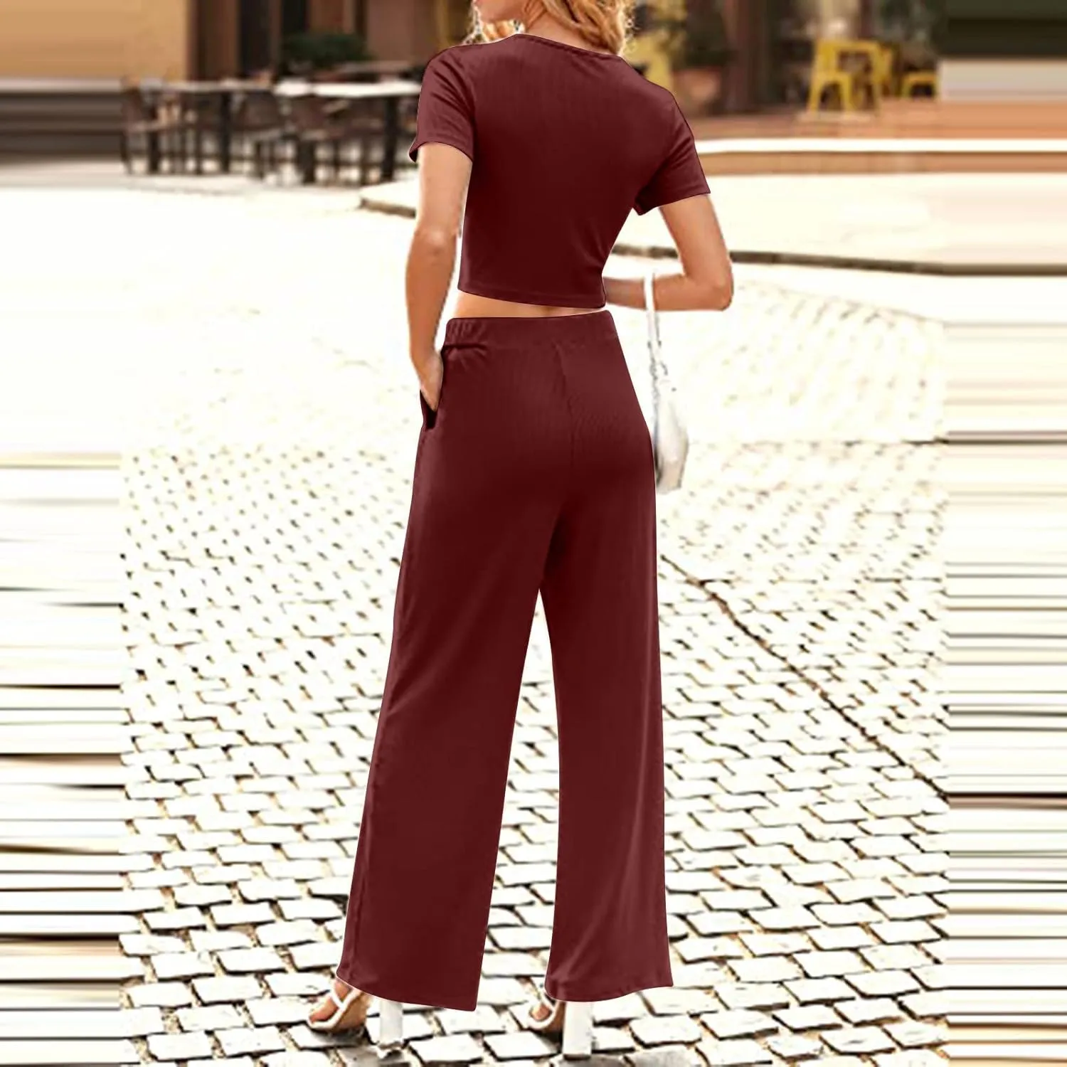 Outfits for Women 2 Piece Sets Short Sleeve Tops Fold-Over Flare Pants Casual Outfits Matching Set Loungewear Sets