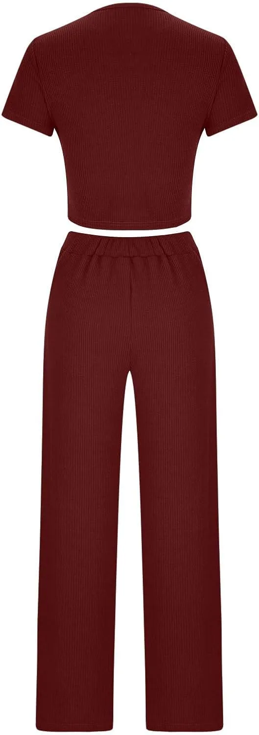 Outfits for Women 2 Piece Sets Short Sleeve Tops Fold-Over Flare Pants Casual Outfits Matching Set Loungewear Sets