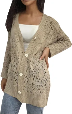 Oversized Hollow Out Crochet Cover Up for Women Button Down Cardigan Cover Up Open Front Long Sleeve Beach Cardigans