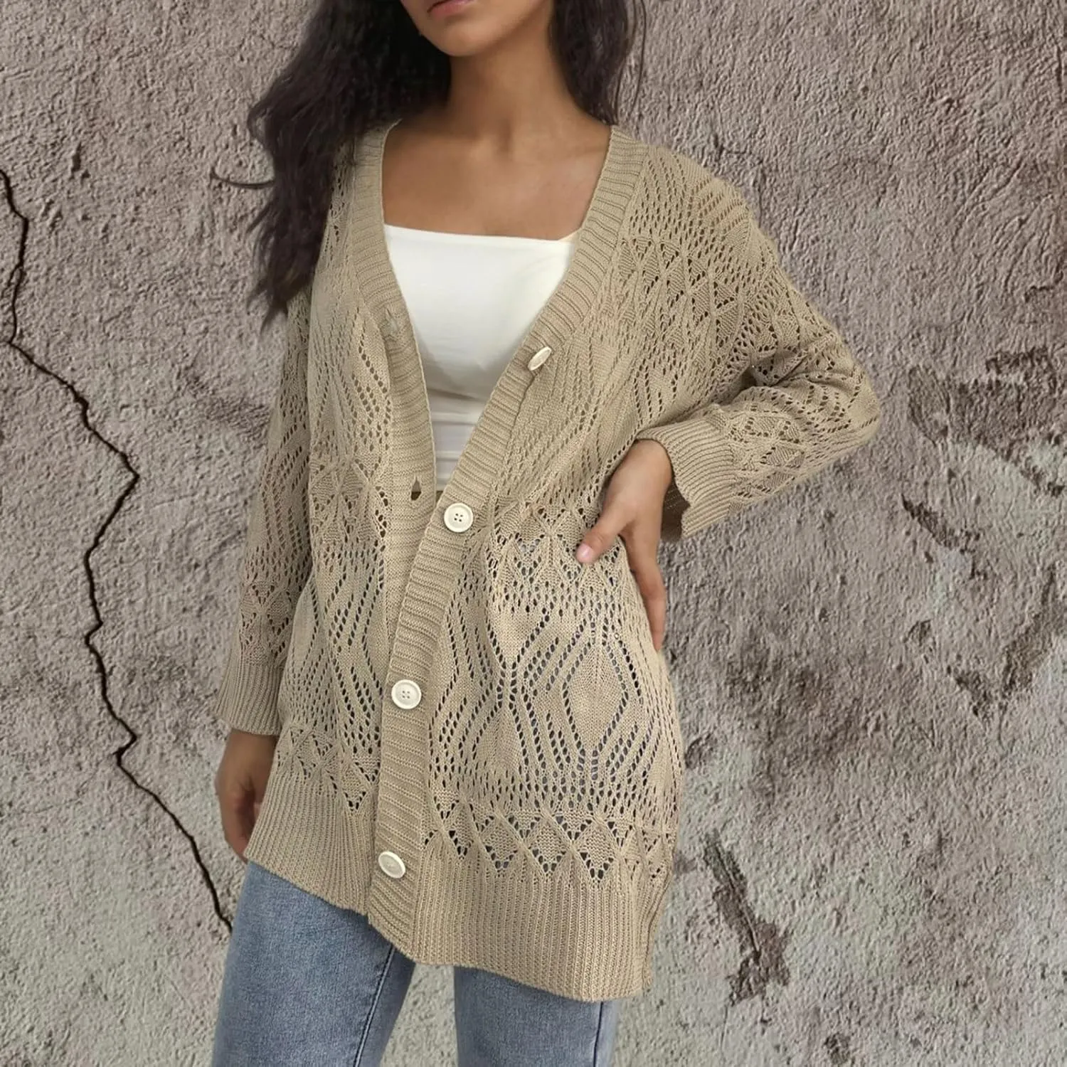 Oversized Hollow Out Crochet Cover Up for Women Button Down Cardigan Cover Up Open Front Long Sleeve Beach Cardigans