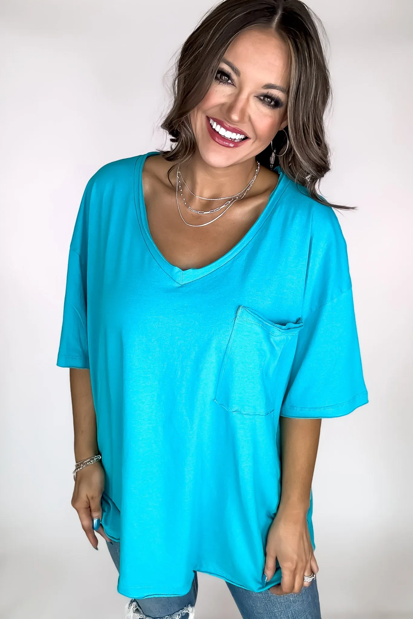 Oversized Iced Blue Front Pocket Raw Edge Boyfriend Tee