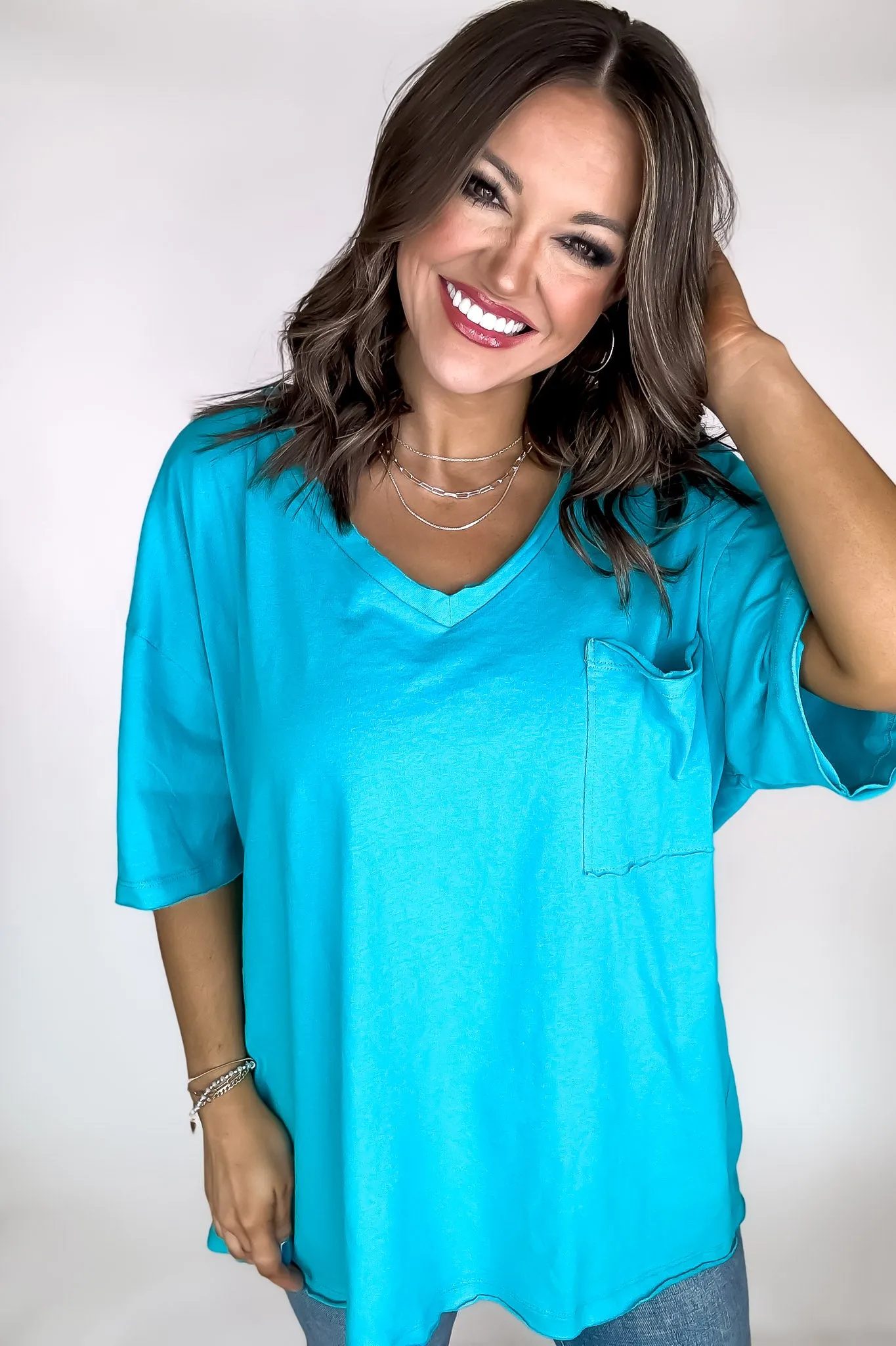 Oversized Iced Blue Front Pocket Raw Edge Boyfriend Tee