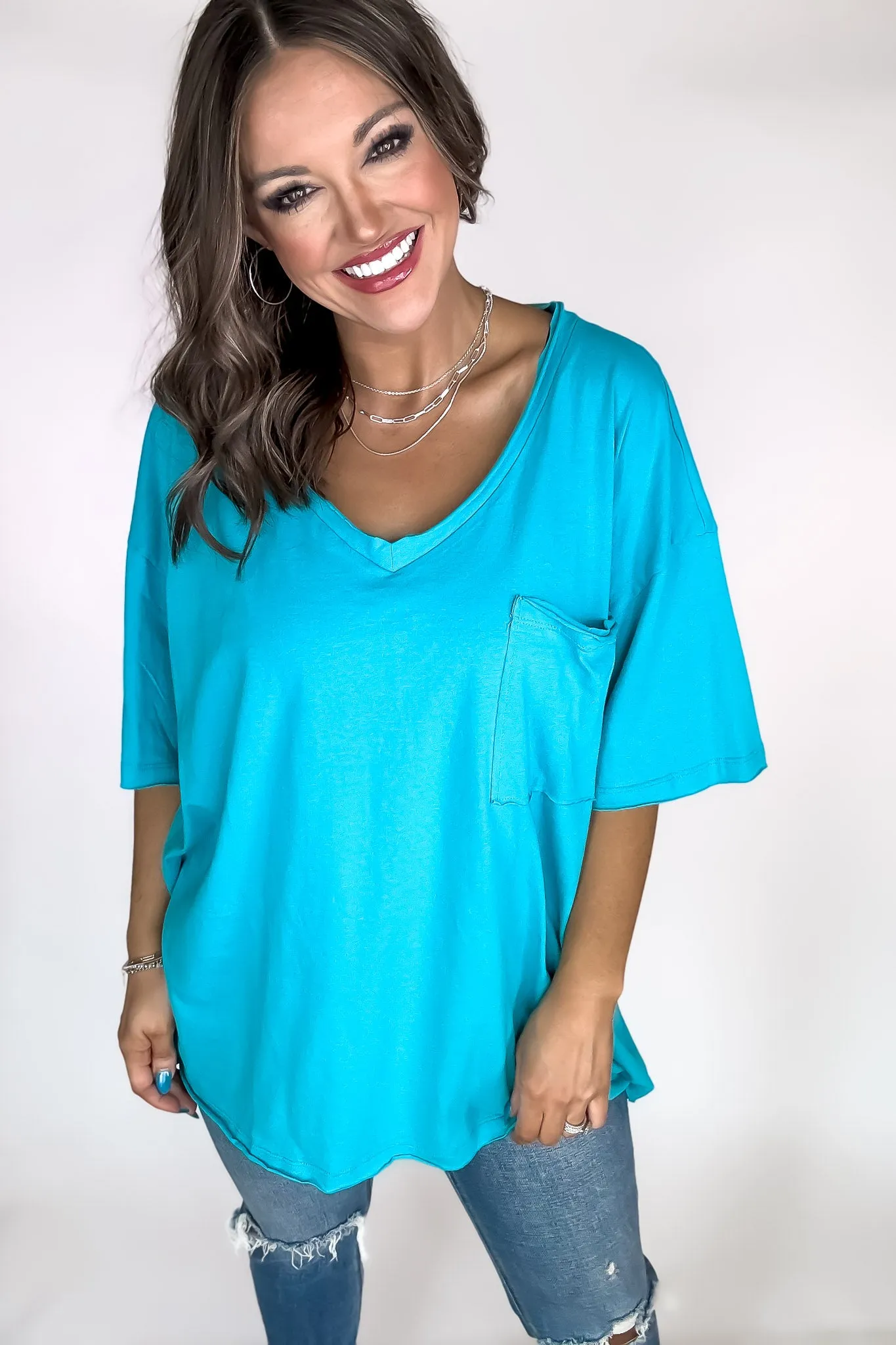 Oversized Iced Blue Front Pocket Raw Edge Boyfriend Tee