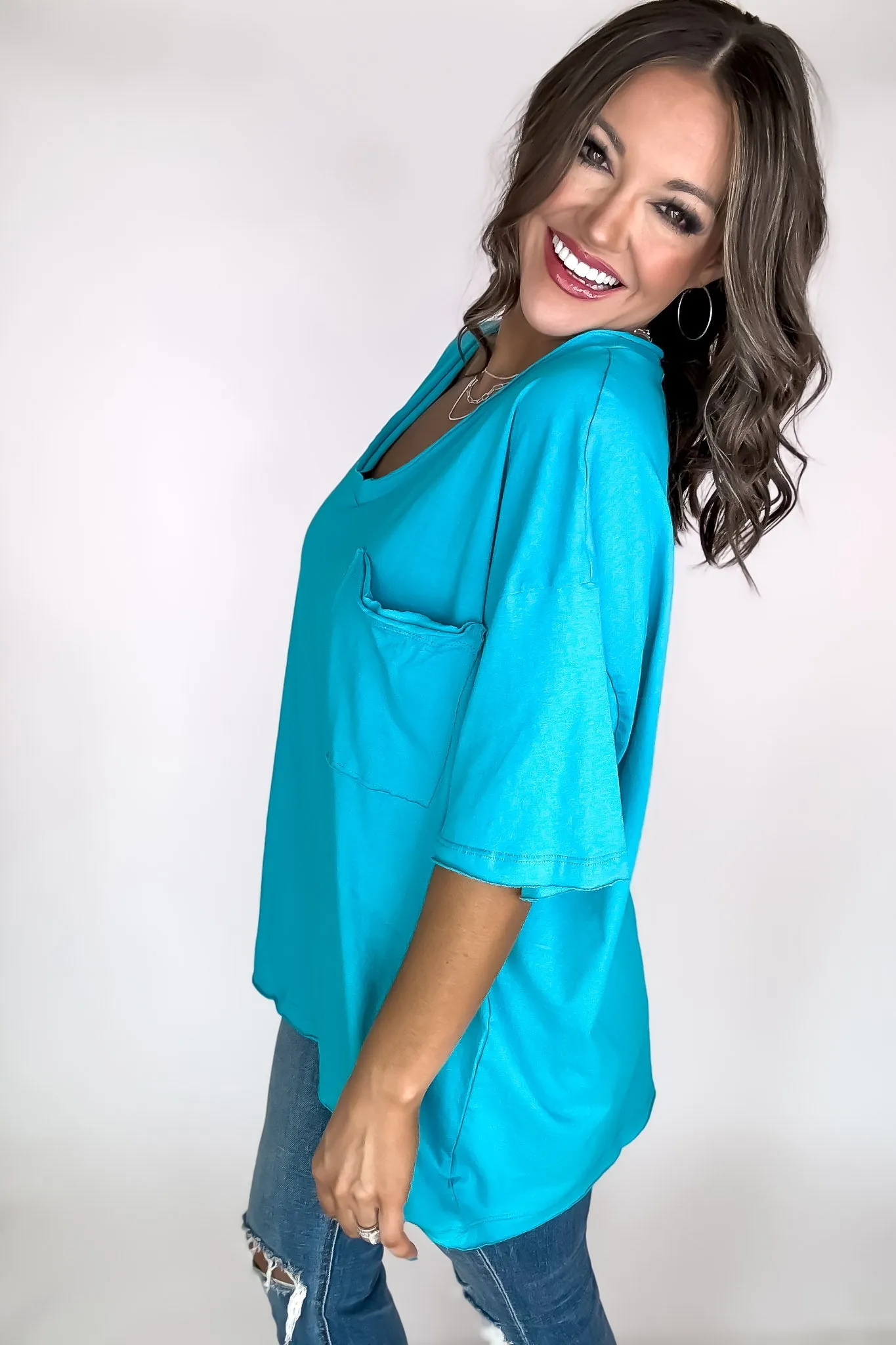 Oversized Iced Blue Front Pocket Raw Edge Boyfriend Tee