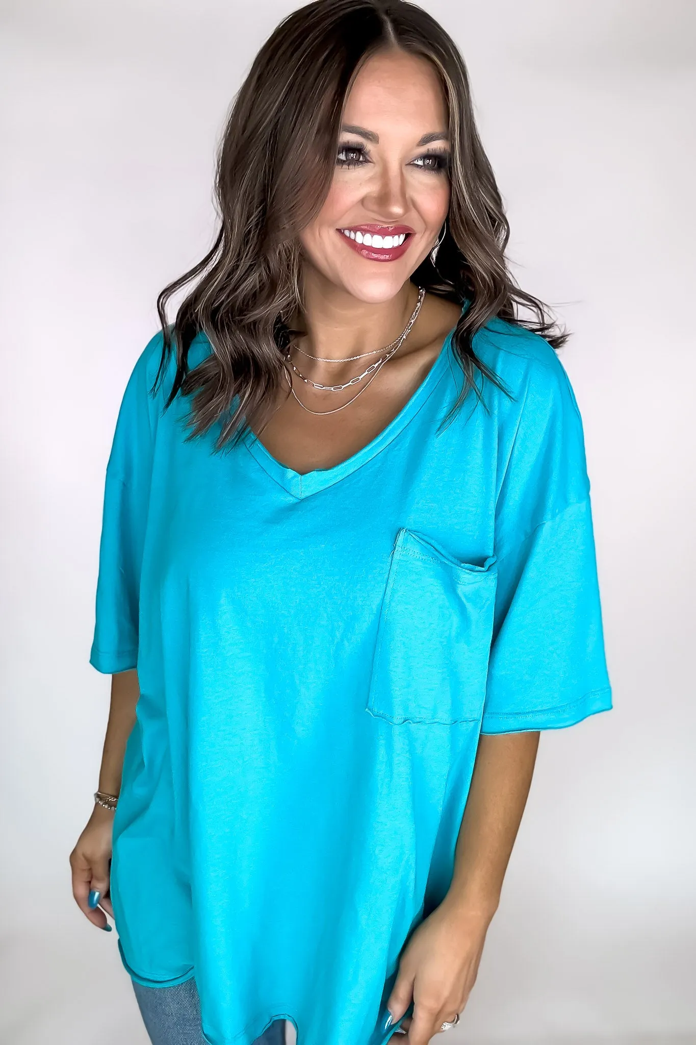 Oversized Iced Blue Front Pocket Raw Edge Boyfriend Tee