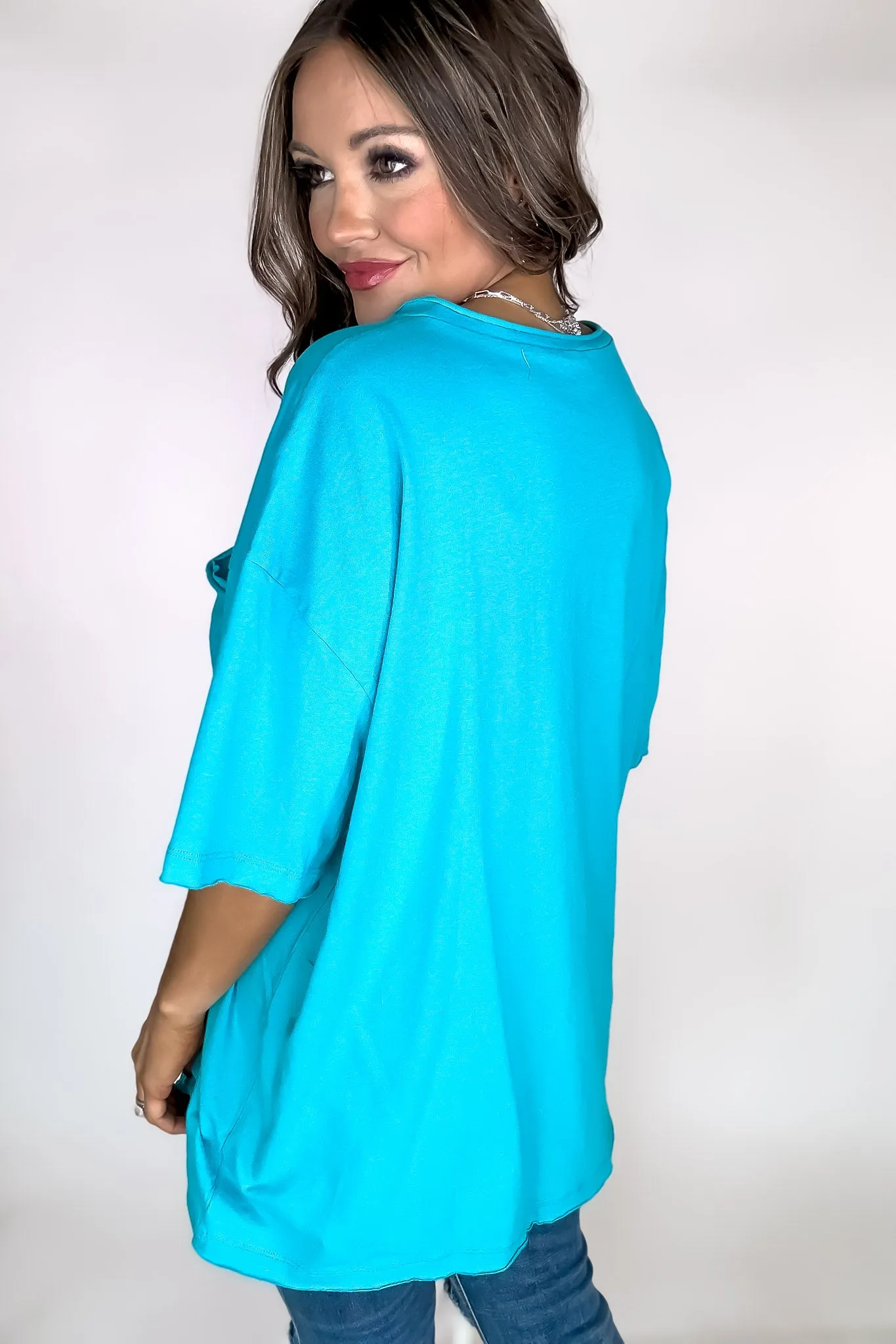 Oversized Iced Blue Front Pocket Raw Edge Boyfriend Tee