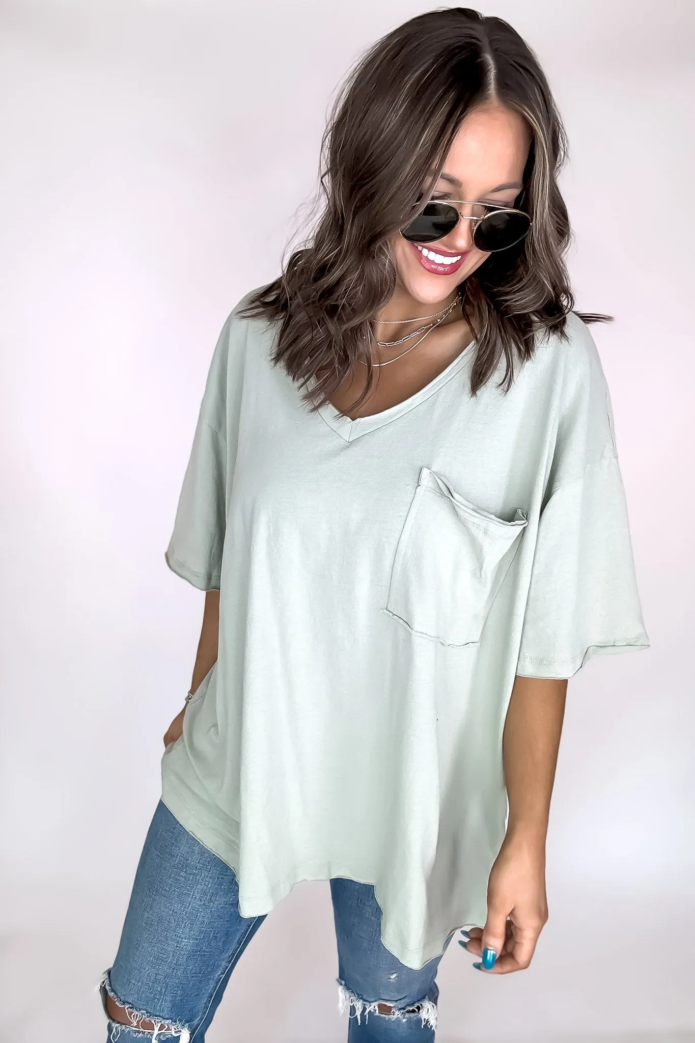 Oversized Light Sage Front Pocket Raw Edge Boyfriend Tee