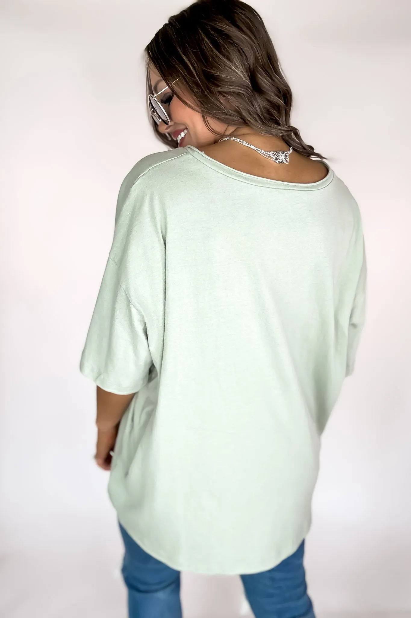 Oversized Light Sage Front Pocket Raw Edge Boyfriend Tee