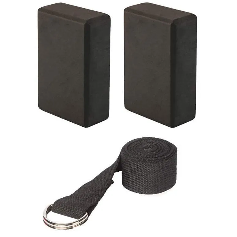 Pair of Yoga Blocks (Black) and Yoga Strap (Black)
