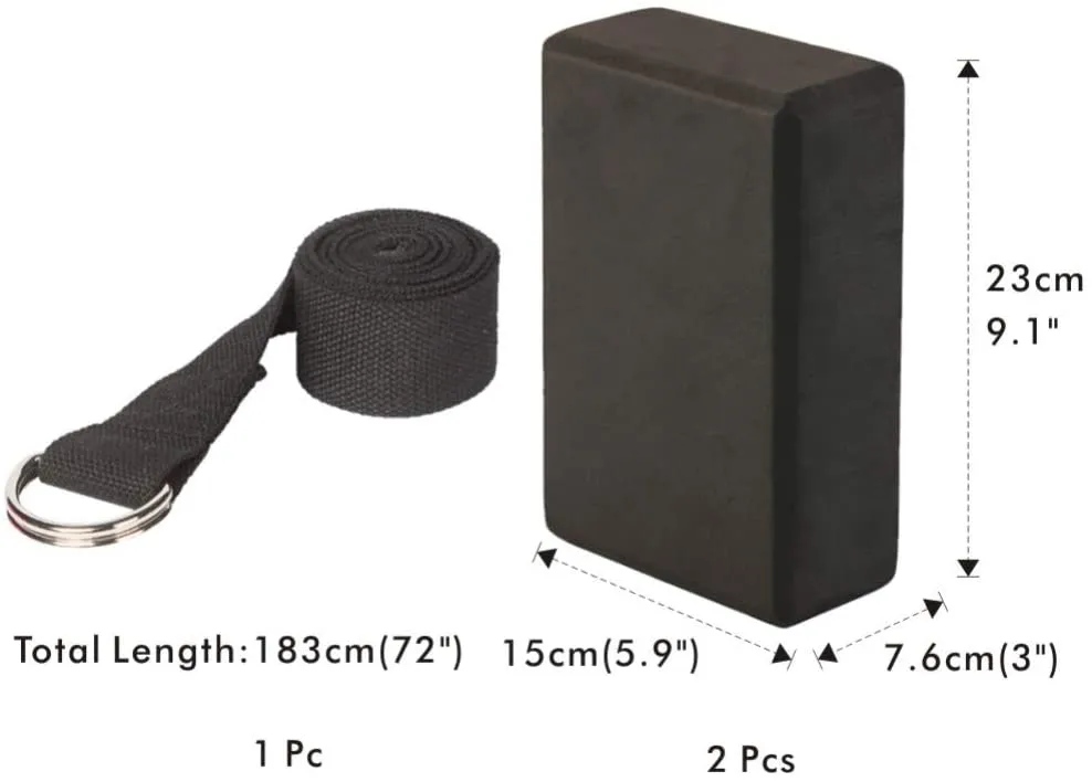 Pair of Yoga Blocks (Black) and Yoga Strap (Black)