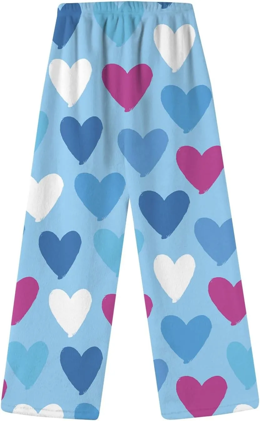 Pajama Pants Women Valentine Flannel Pajamas Lounge Fuzzy Wide Leg Pants Casual Heart Print Elastic Waist Trousers