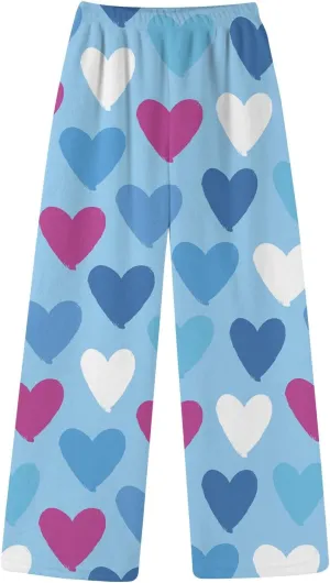 Pajama Pants Women Valentine Flannel Pajamas Lounge Fuzzy Wide Leg Pants Casual Heart Print Elastic Waist Trousers