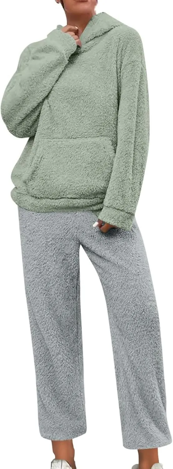 Pajama Sets for Women 2 Piece Loungewear Sets Woman Winter Fuzzy Fleece Pullover Hoodies Sweatshirts Pants Sleepwear