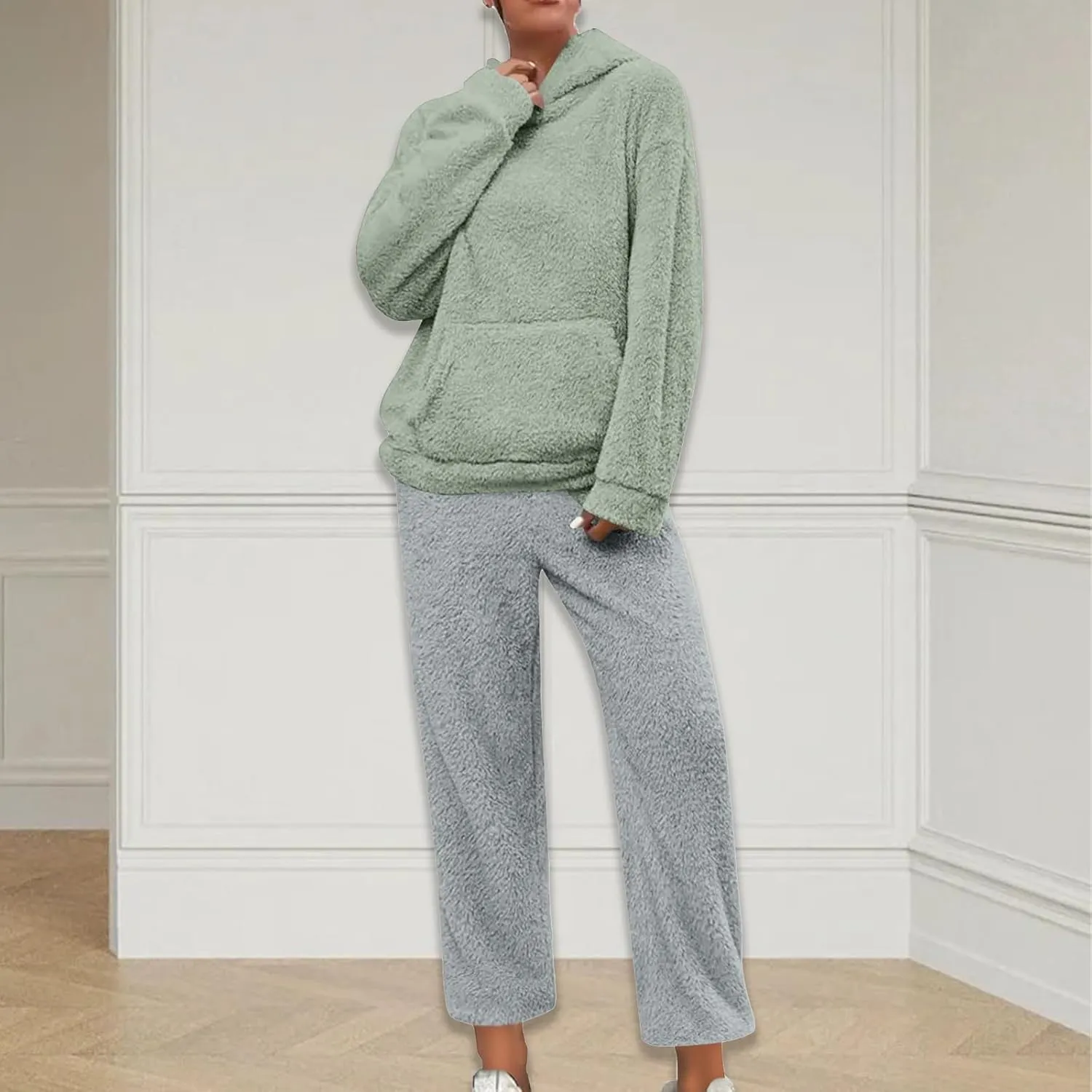 Pajama Sets for Women 2 Piece Loungewear Sets Woman Winter Fuzzy Fleece Pullover Hoodies Sweatshirts Pants Sleepwear