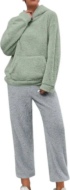 Pajama Sets for Women 2 Piece Loungewear Sets Woman Winter Fuzzy Fleece Pullover Hoodies Sweatshirts Pants Sleepwear