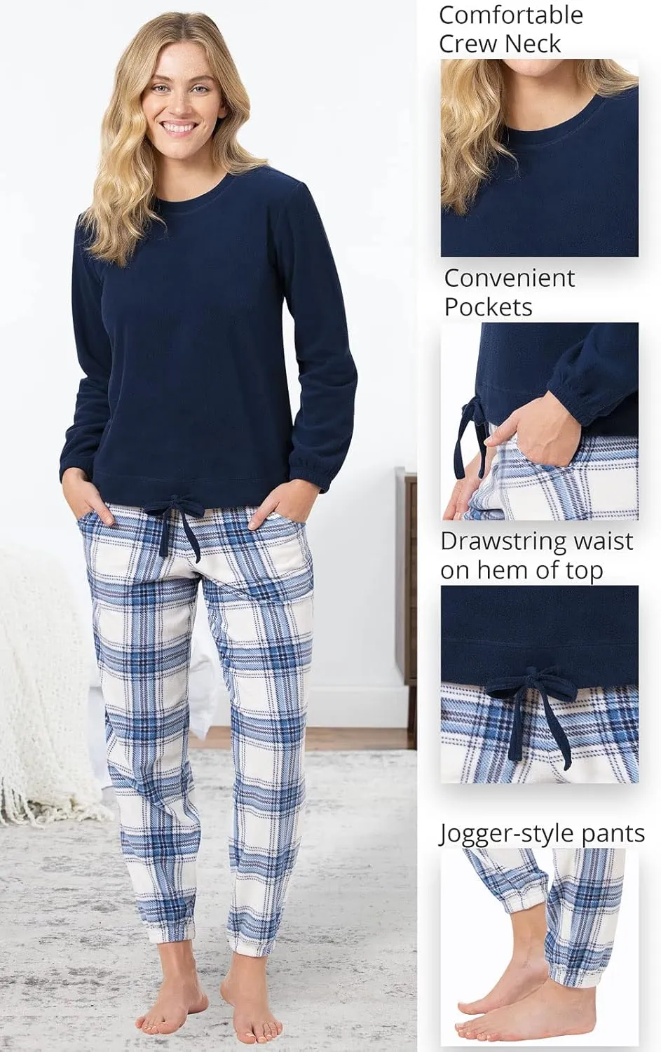 PajamaGram Fleece Womens Pajamas - Winter Pajamas For Women Set Long Sleeve,Cuffed Pajama Pants, Jogger Pajama Set for Women