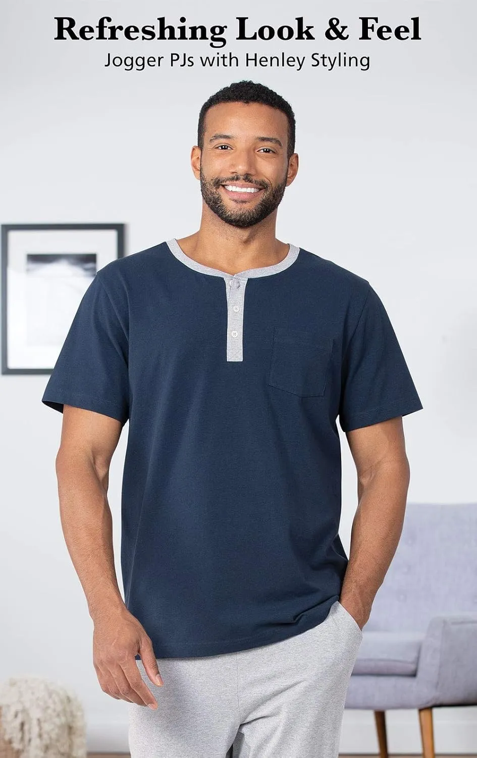 PajamaGram Mens Lightweight Jogger Pants Pajama Set - 100% Cotton PJ Sets for Men, Long Sleeve Men's Sleepwear - Men PJ Set