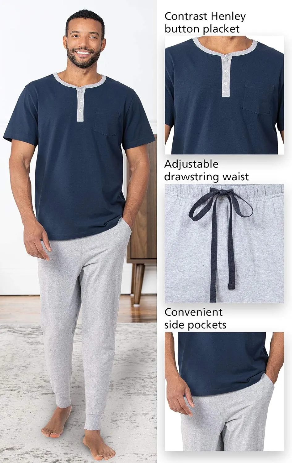 PajamaGram Mens Lightweight Jogger Pants Pajama Set - 100% Cotton PJ Sets for Men, Long Sleeve Men's Sleepwear - Men PJ Set