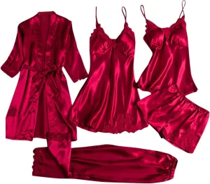 Pajamas 5 Pack For Womens Silk Satin Lace Trim Padded Sleepwear Vest Shorts Trousers Nightgowns Robe Set