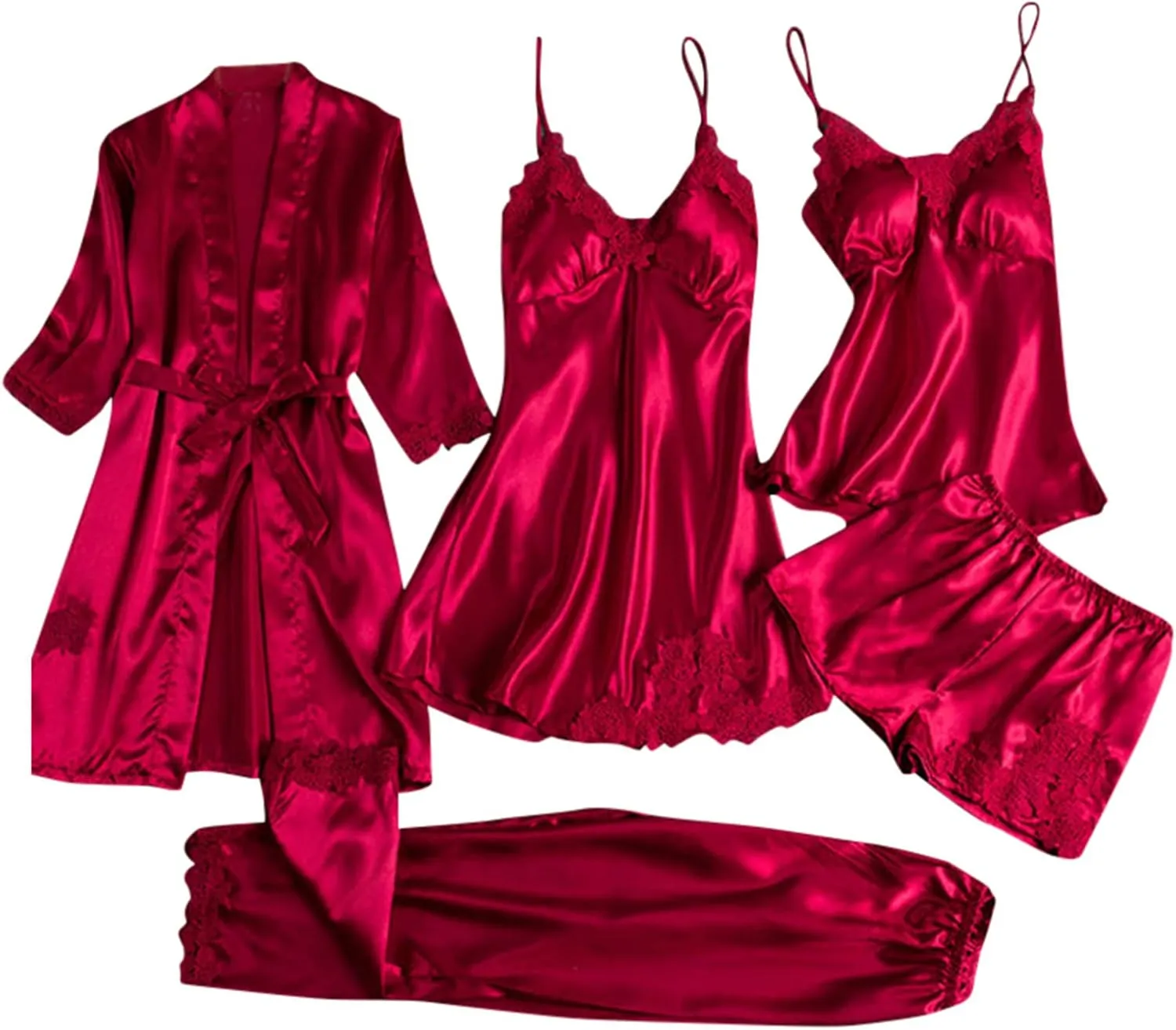 Pajamas 5 Pack For Womens Silk Satin Lace Trim Padded Sleepwear Vest Shorts Trousers Nightgowns Robe Set
