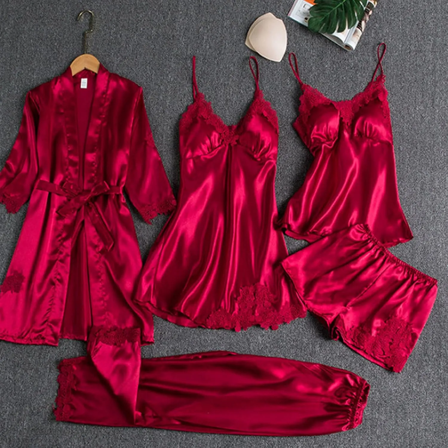 Pajamas 5 Pack For Womens Silk Satin Lace Trim Padded Sleepwear Vest Shorts Trousers Nightgowns Robe Set