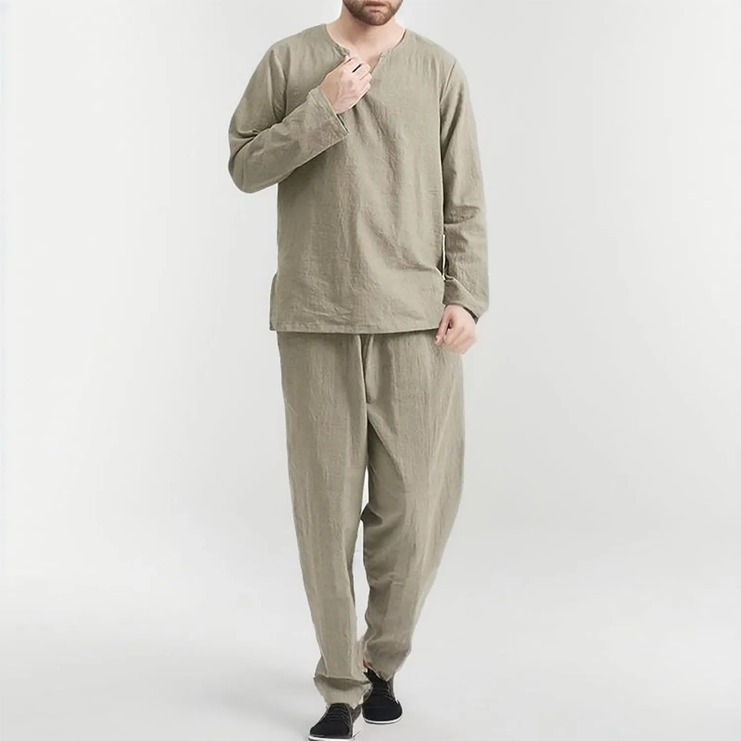 Pajamas for Men Big and Tall Long Sleeve V Neck Sleepwear Casual Soft Top Lounge Pants 2 Piece Set Mens Winter Pajamas Sets
