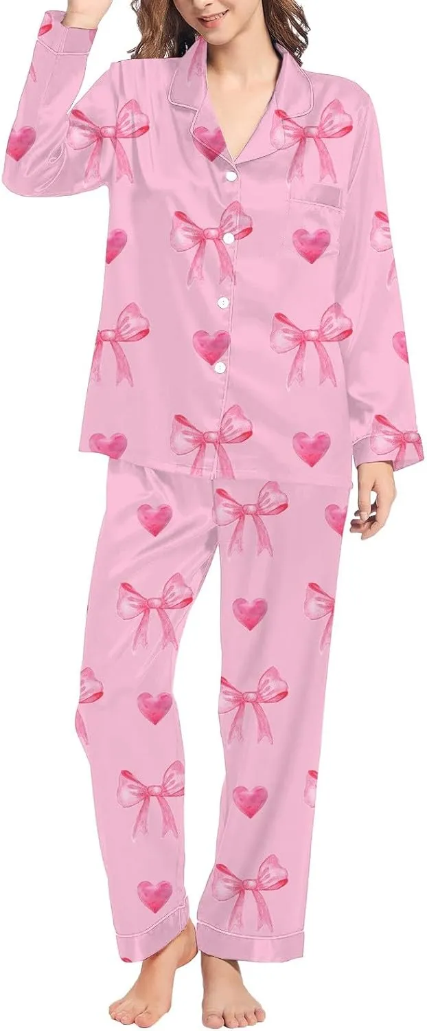 Pajamas For Women Home Leisure Valentine's Day Bow Love Loose Imitation Long Sleeve Button Down Soft Knit Sleepwear Pjs