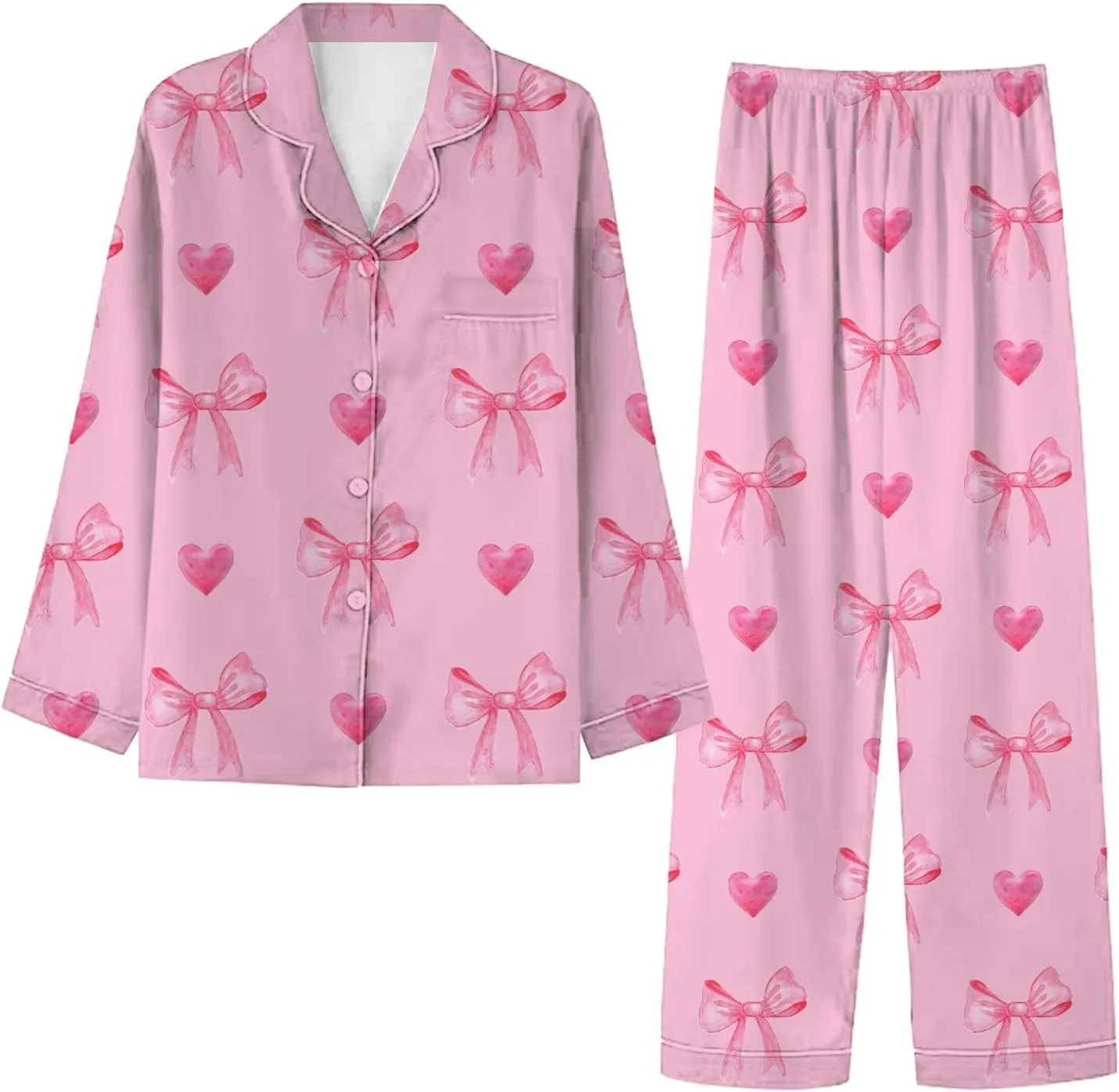 Pajamas For Women Home Leisure Valentine's Day Bow Love Loose Imitation Long Sleeve Button Down Soft Knit Sleepwear Pjs