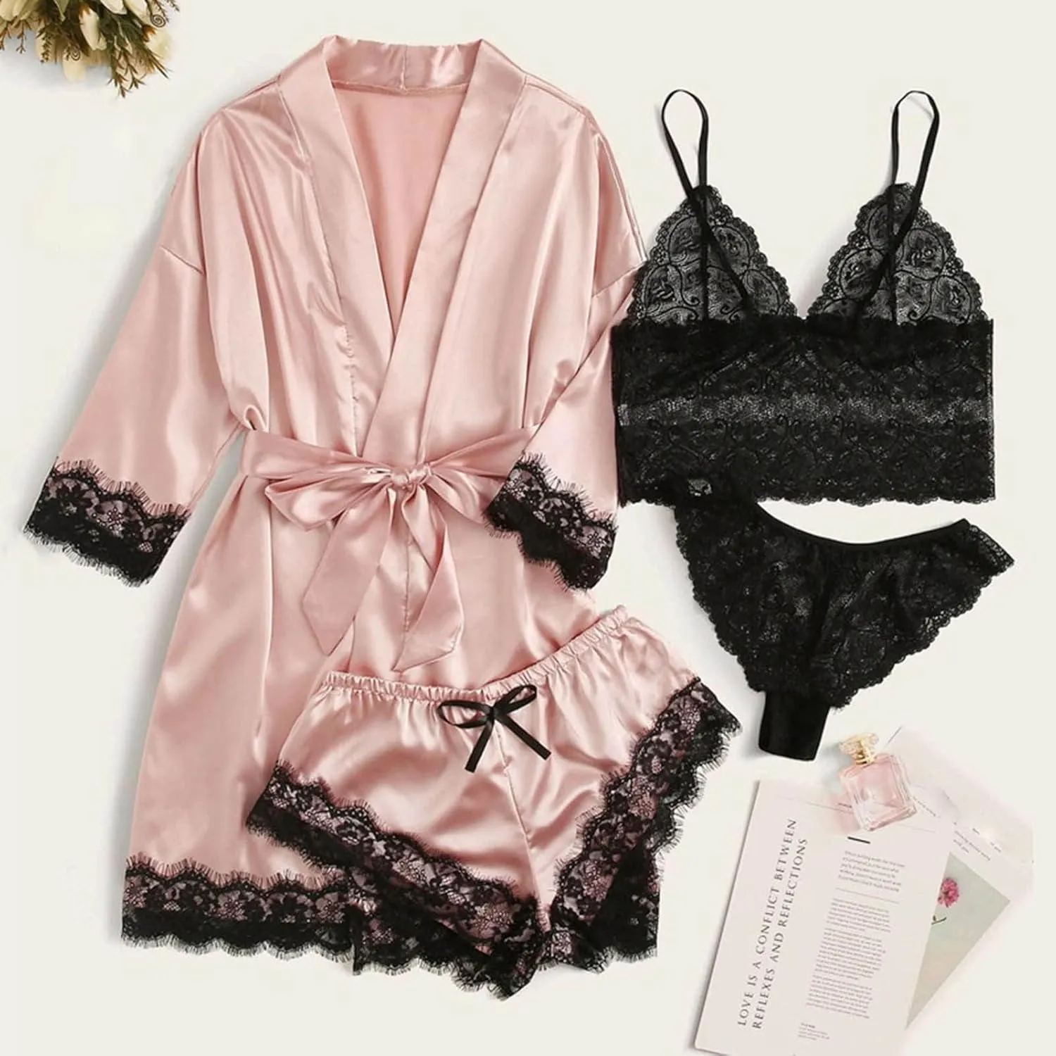 Pajamas for Women Set 4PCS Satin Pajamas Set Sexy Cami Top and Shorts Pj Sets Floral Lace Lingerie Sets with Robe