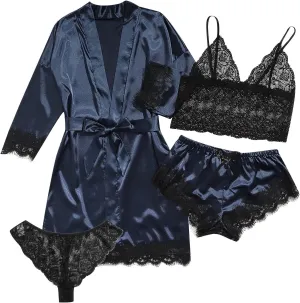 Pajamas for Women Set 4PCS Satin Pajamas Set Sexy Cami Top and Shorts Pj Sets Floral Lace Lingerie Sets with Robe