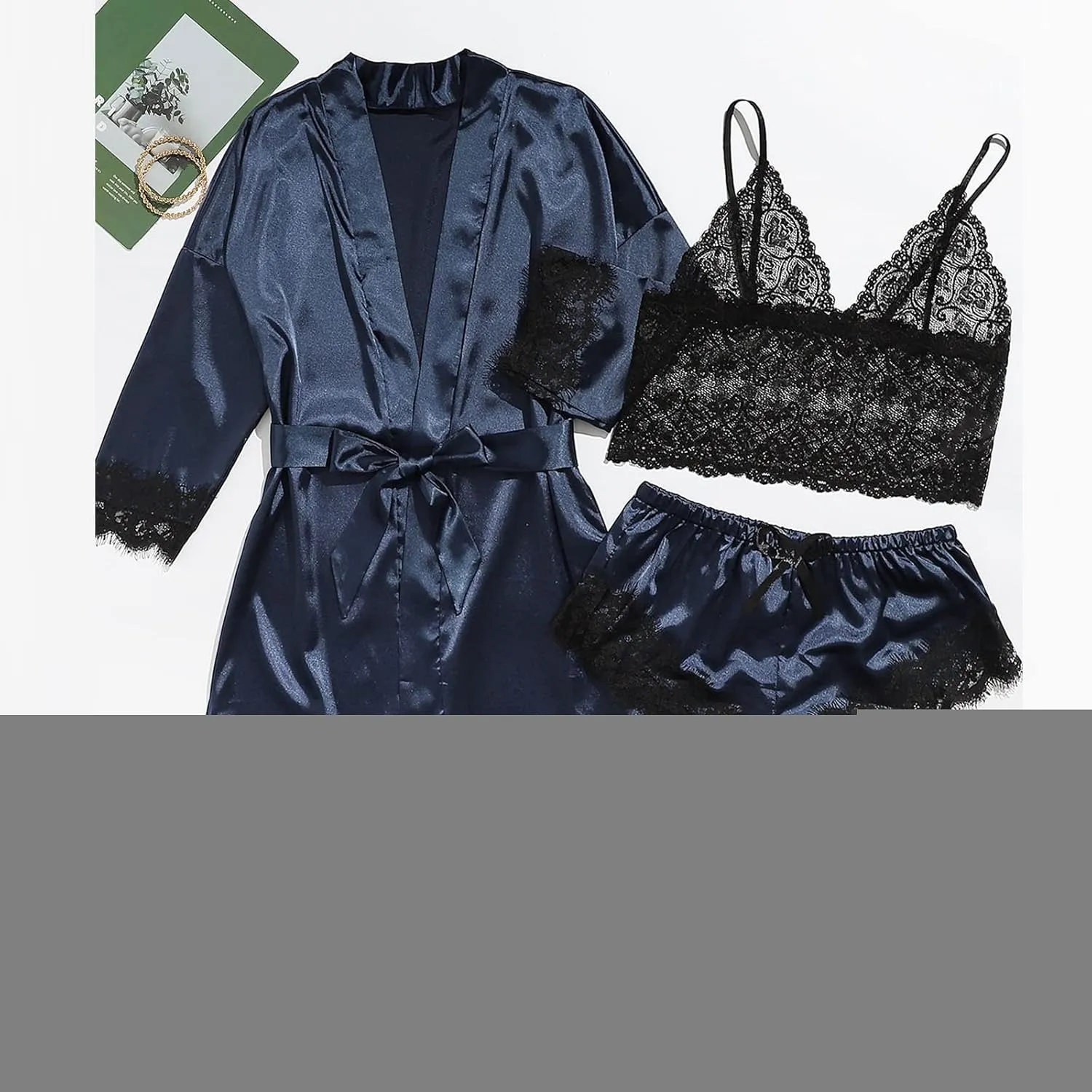 Pajamas for Women Set 4PCS Satin Pajamas Set Sexy Cami Top and Shorts Pj Sets Floral Lace Lingerie Sets with Robe