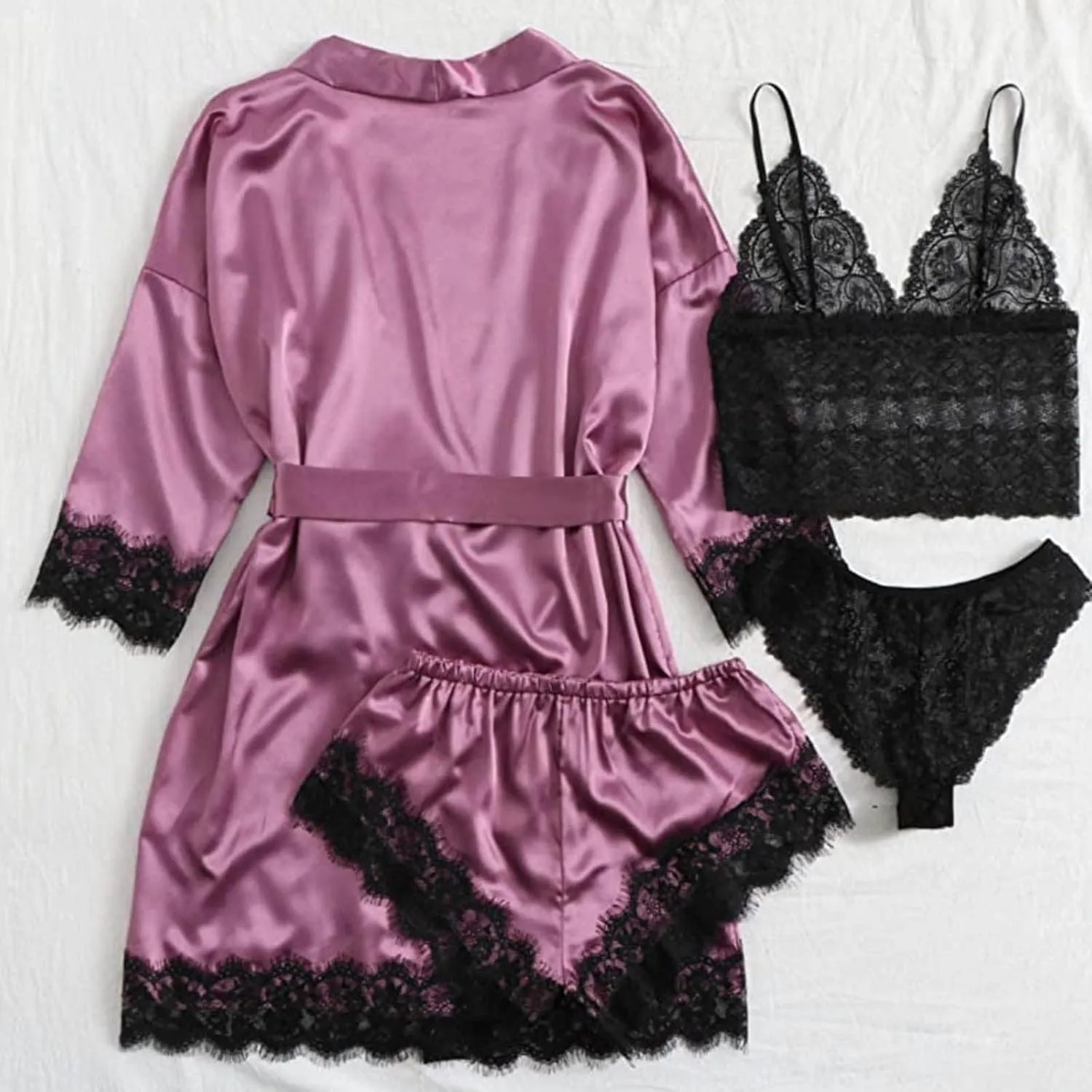 Pajamas for Women Set 4PCS Satin Pajamas Set Sexy Cami Top and Shorts Pj Sets Floral Lace Lingerie Sets with Robe