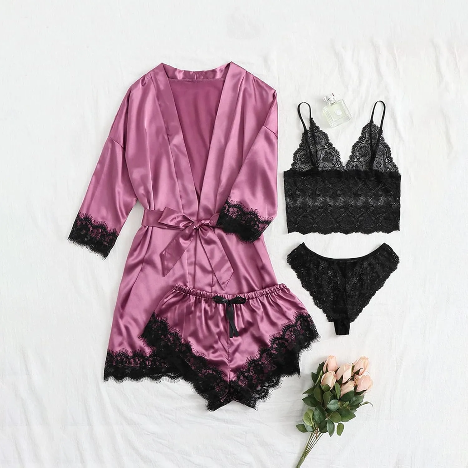 Pajamas for Women Set 4PCS Satin Pajamas Set Sexy Cami Top and Shorts Pj Sets Floral Lace Lingerie Sets with Robe