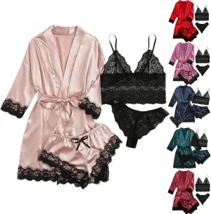 Pajamas for Women Set 4PCS Satin Pajamas Set Sexy Cami Top and Shorts Pj Sets Floral Lace Lingerie Sets with Robe