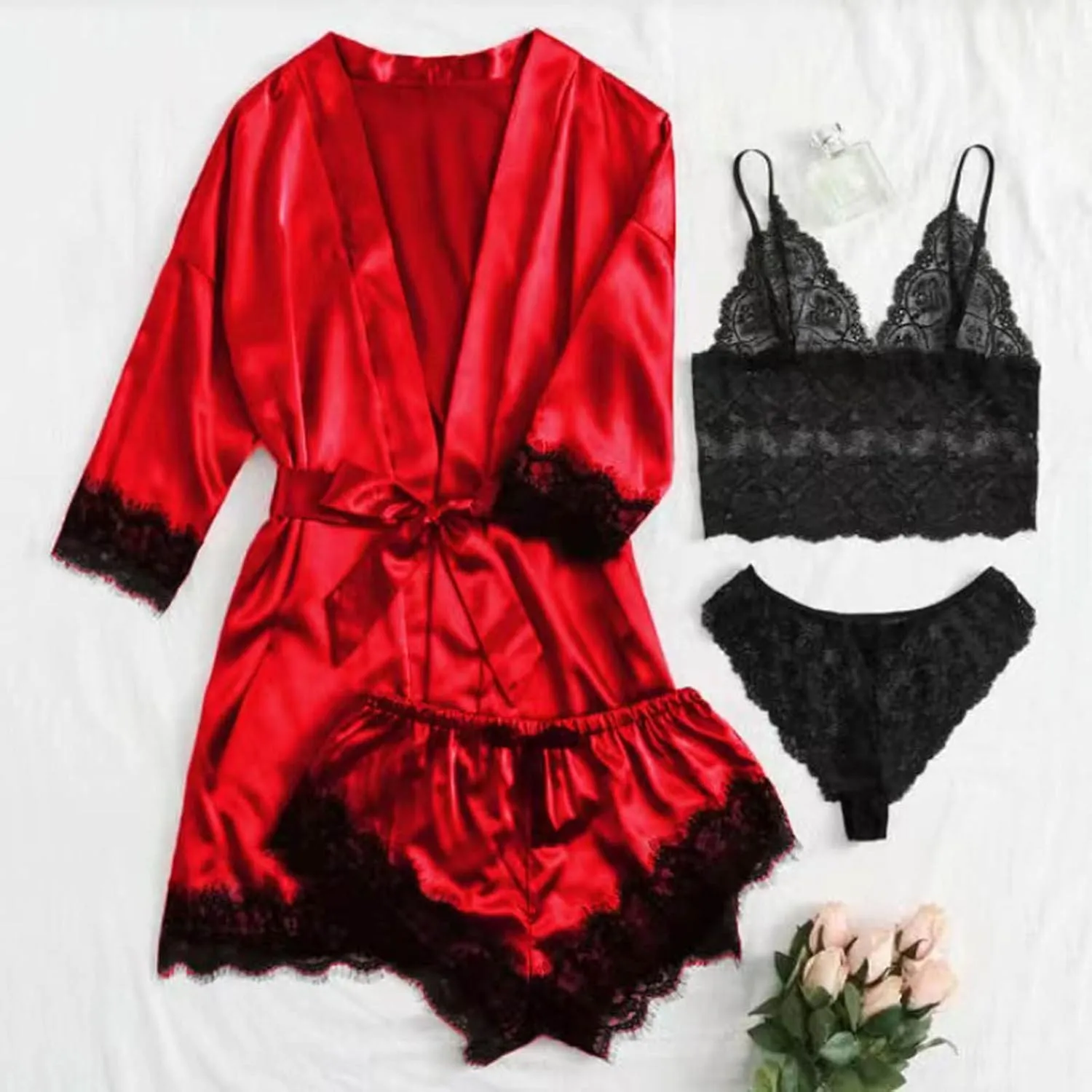 Pajamas for Women Set 4PCS Satin Pajamas Set Sexy Cami Top and Shorts Pj Sets Floral Lace Lingerie Sets with Robe