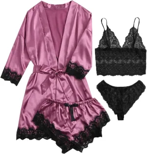 Pajamas for Women Set 4PCS Satin Pajamas Set Sexy Cami Top and Shorts Pj Sets Floral Lace Lingerie Sets with Robe
