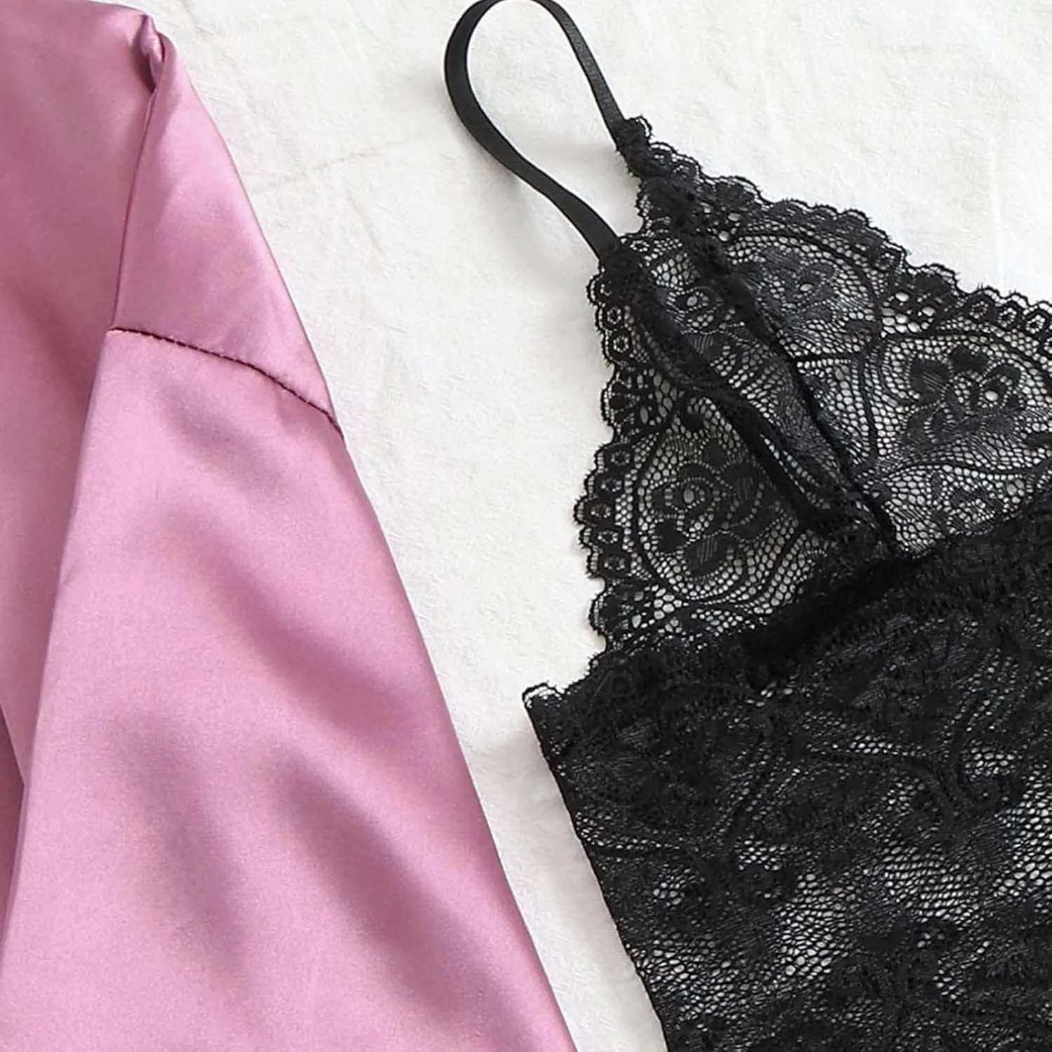 Pajamas for Women Set 4PCS Satin Pajamas Set Sexy Cami Top and Shorts Pj Sets Floral Lace Lingerie Sets with Robe
