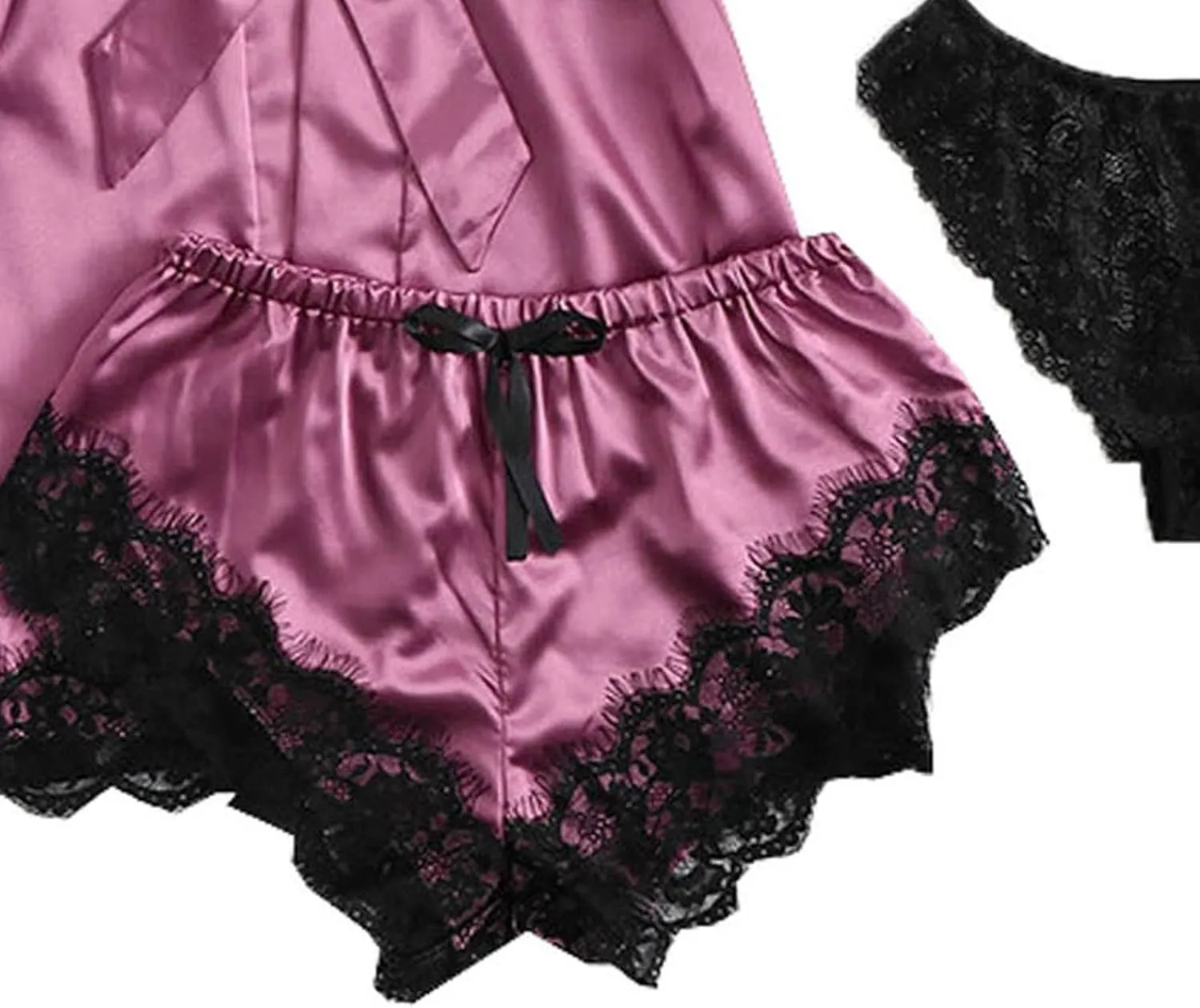Pajamas for Women Set 4PCS Satin Pajamas Set Sexy Cami Top and Shorts Pj Sets Floral Lace Lingerie Sets with Robe