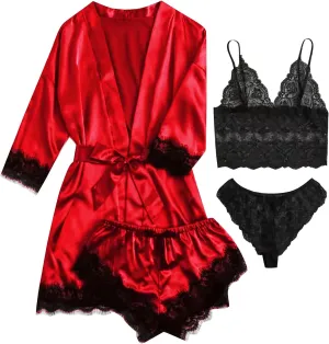 Pajamas for Women Set 4PCS Satin Pajamas Set Sexy Cami Top and Shorts Pj Sets Floral Lace Lingerie Sets with Robe