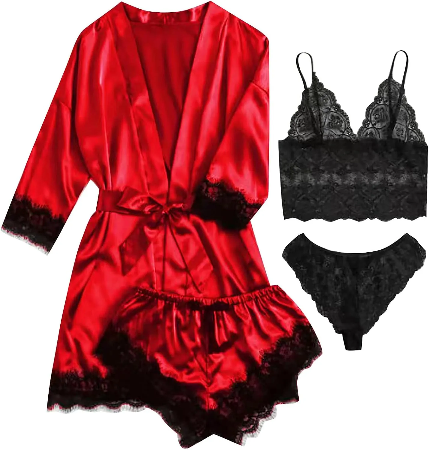 Pajamas for Women Set 4PCS Satin Pajamas Set Sexy Cami Top and Shorts Pj Sets Floral Lace Lingerie Sets with Robe