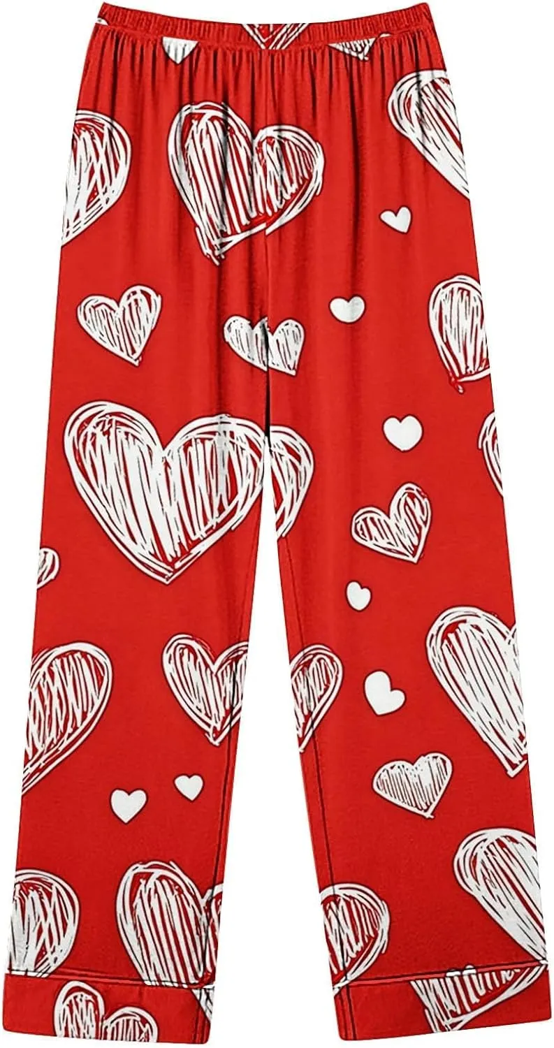 Pajamas For Women Set Home Leisure Valentine's Day Bow Love Loose Imitation Cute Heart Print Pjs Lounge Set Sleepwear